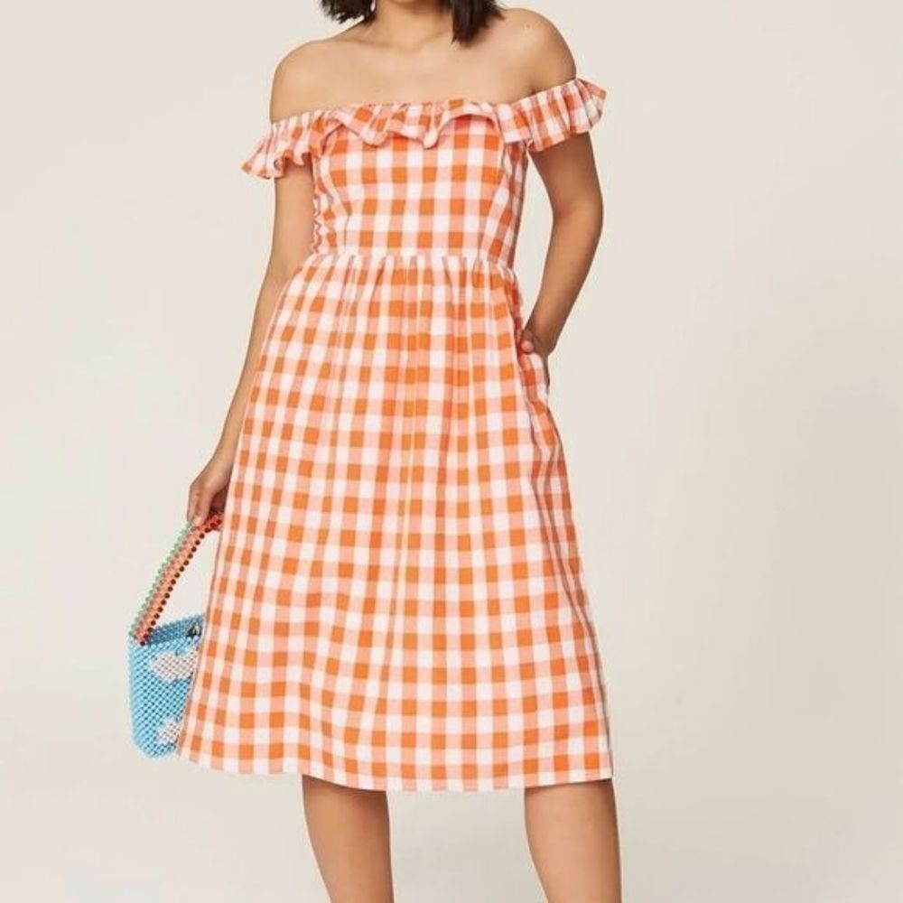 Color Me‎ Courtney Orange Bobbie Gingham Off the Shoulder Midi Dress 8 Summer